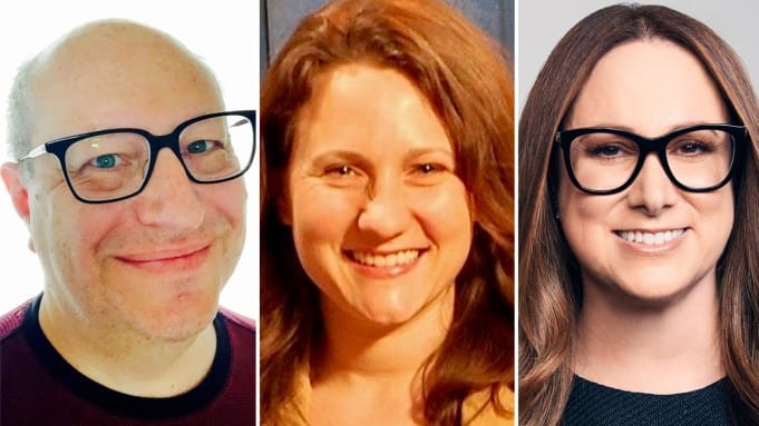 Three smiling people wearing glasses in a close-up photo.